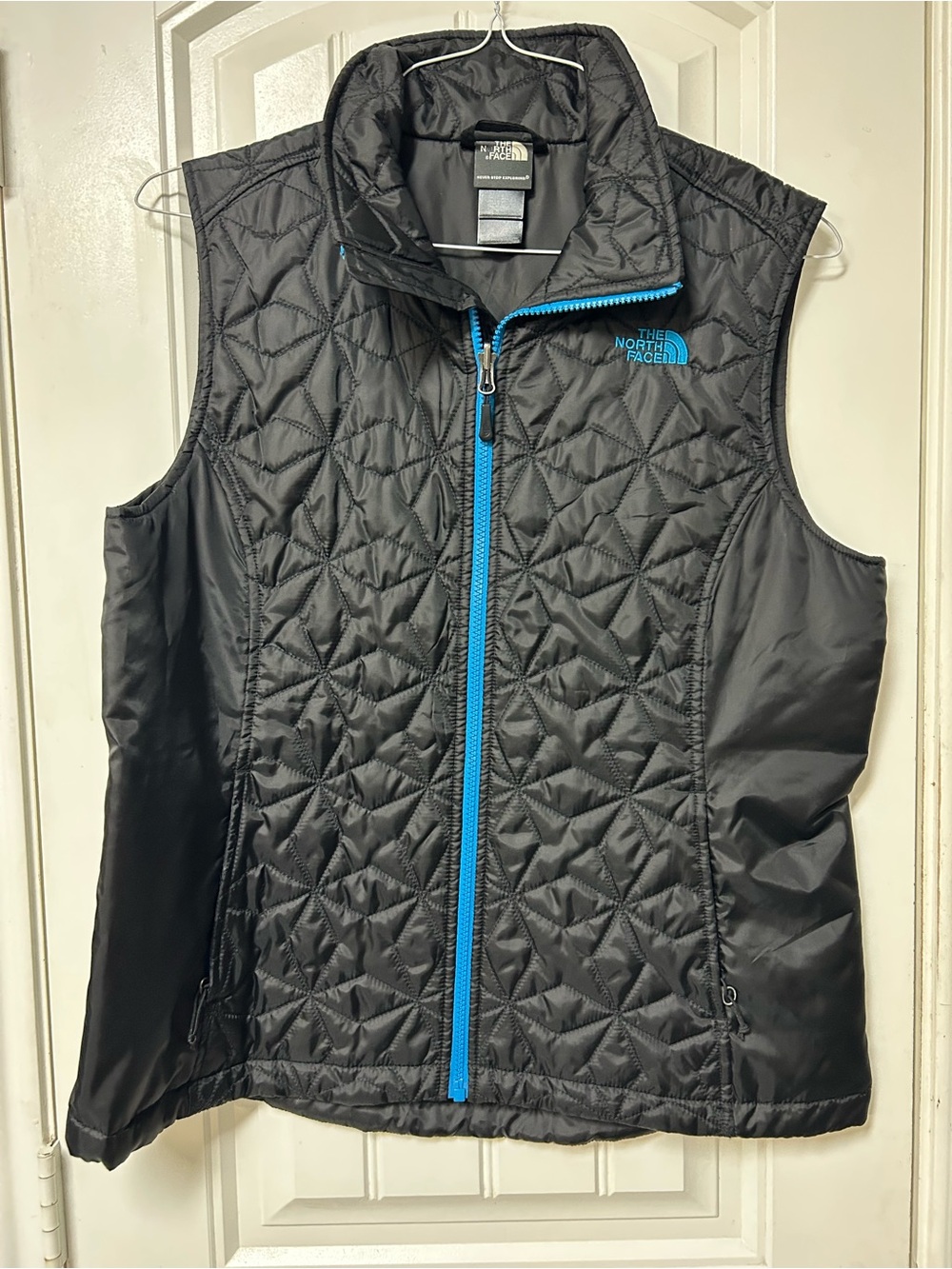 The North Face Black Quilted Vest with Blue Zip Accents